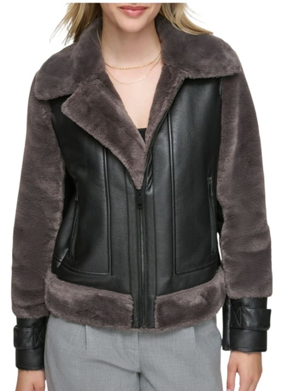 Andrew Marc Faux Fur Trim Faux Leather Aviator Jacket - Size S